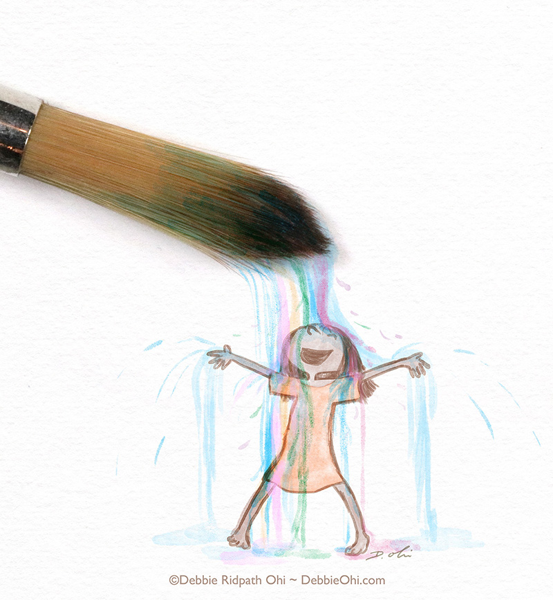 A paintbrush at the top of the image appears to pour rainbow-colored paint onto a joyful, cartoon-style girl standing below with arms outstretched. The paint forms her dress and flows around her like water. Illustration by Debbie Ridpath Ohi.